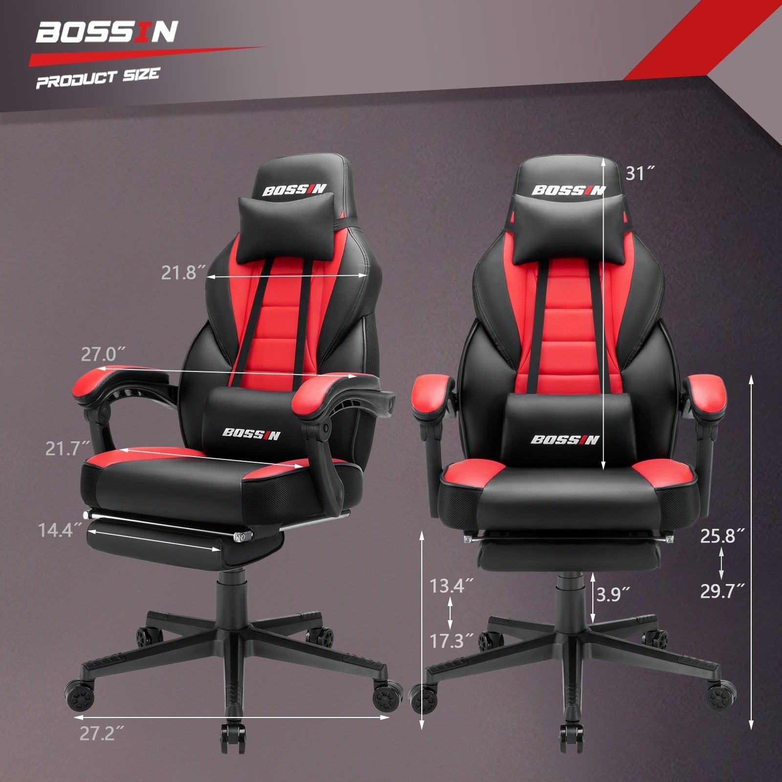 Chaise de jeu BOSSIN style racing, chaise de jeu grande taille (136 kg) avec dossier haut