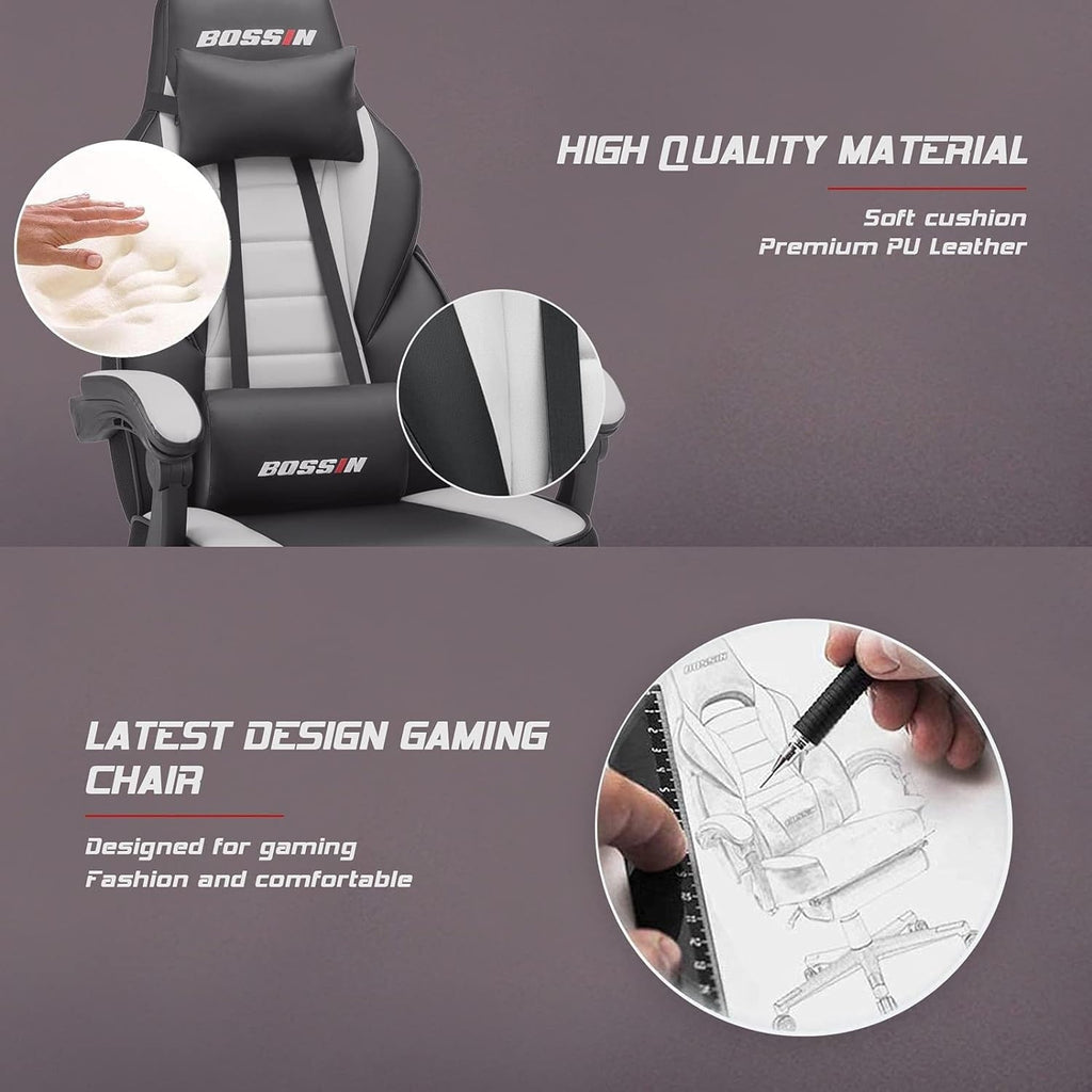 Chaise de jeu BOSSIN style racing, chaise de jeu grande taille (136 kg) avec dossier haut