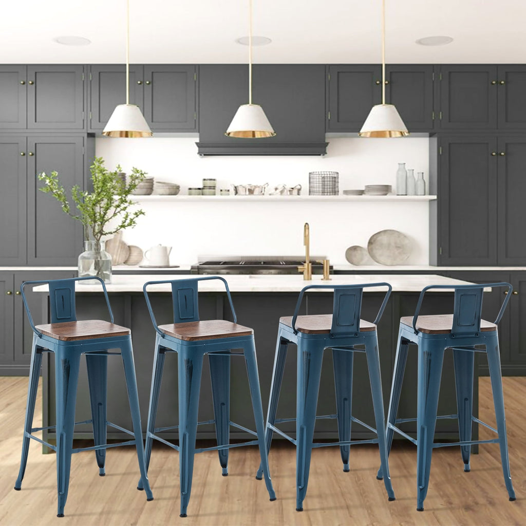 Ensemble de 4 tabourets de bar industriels en métal avec dossier et assise en bois