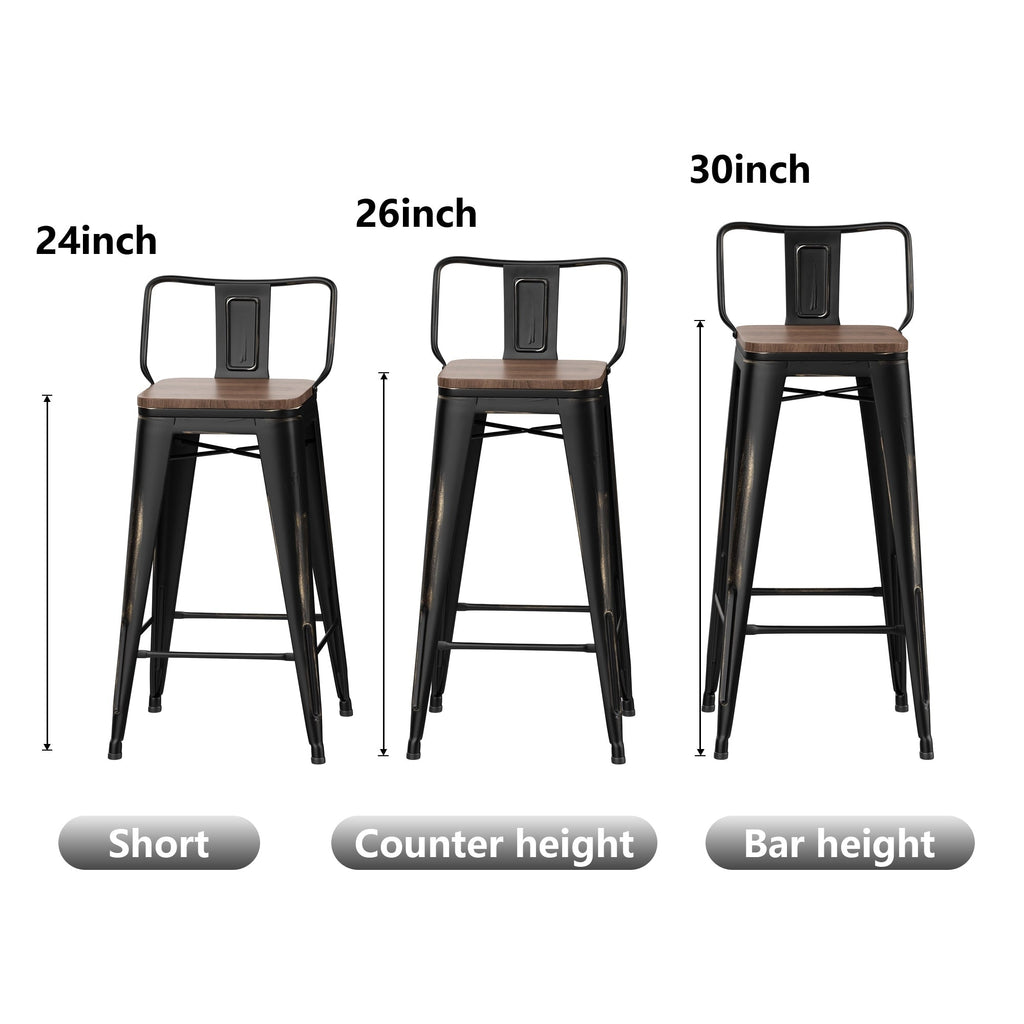 Ensemble de 4 tabourets de bar industriels en métal avec dossier et assise en bois