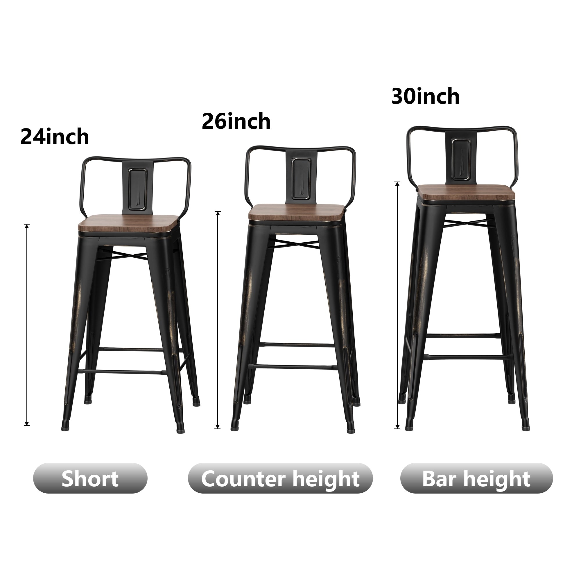 Ensemble de 4 tabourets de bar industriels en métal avec dossier et assise en bois