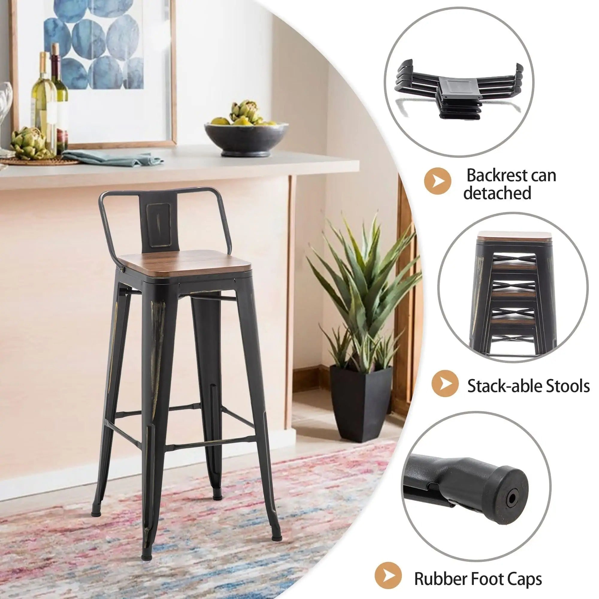 Ensemble de 4 tabourets de bar industriels en métal avec dossier et assise en bois