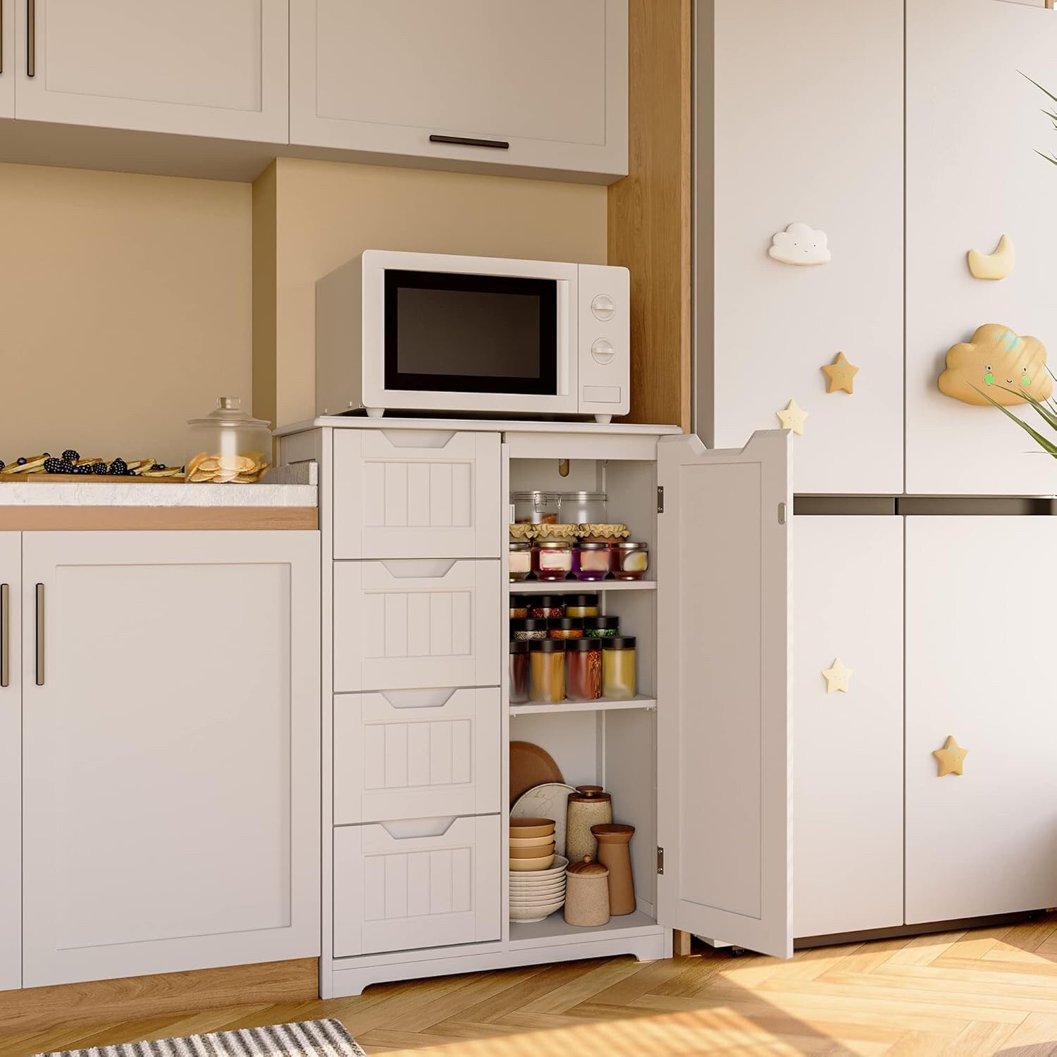 Meuble de rangement de sol pour salle de bain, meuble de rangement autoportant avec 4 tiroirs et étagère réglable