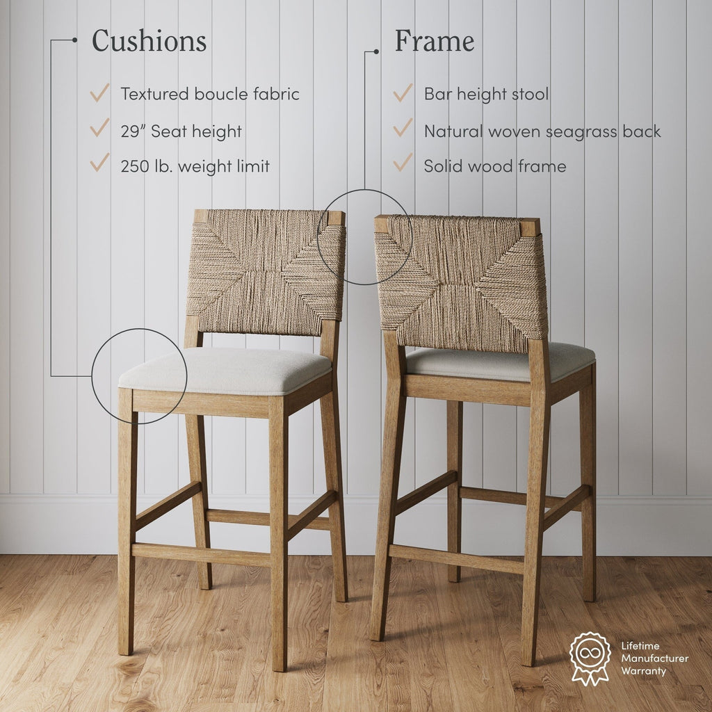 Tabouret de bar bohème Beacon en boucle, chaise de comptoir rembourrée avec structure en bois massif et dossier en jonc de mer tressé