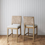 Tabouret de bar bohème Beacon en boucle, chaise de comptoir rembourrée avec structure en bois massif et dossier en jonc de mer tressé