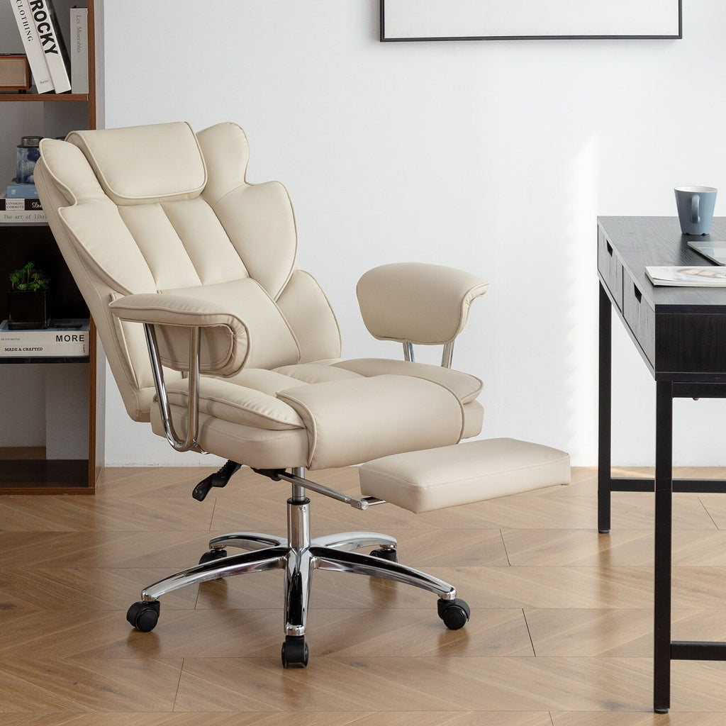 Beige Bonded Leather 360° Swivel Ergonomic High Back Office Recliner with Lumbar Support, Footrest, Adjustable Height