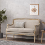 Beige Brown Wood Loveseat Sofa with Rubber Wood Frame
