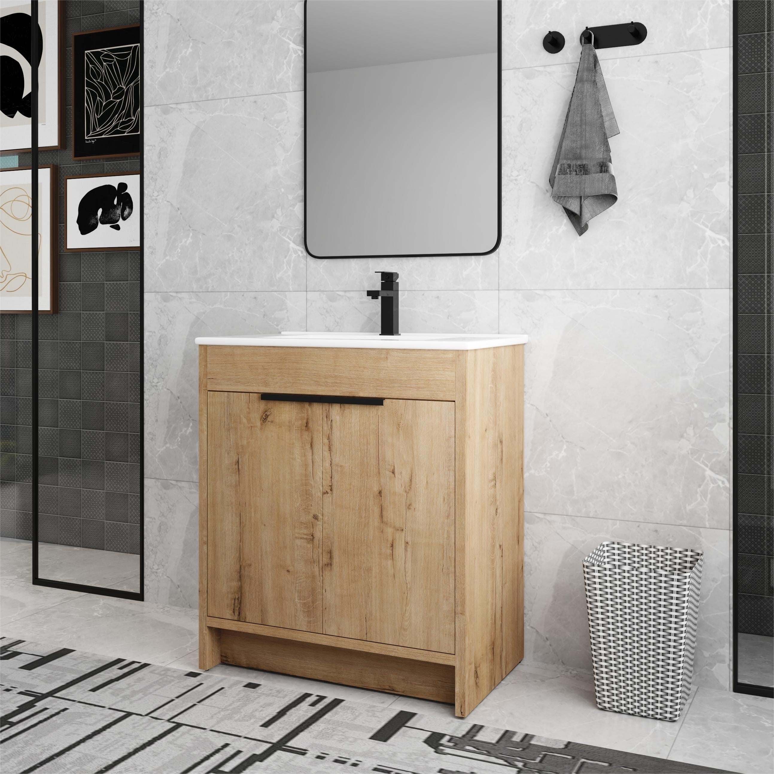 Meuble-lavabo Beingnext 24/30/36 avec vasque, meuble-lavabo autoportant avec porte à fermeture douce et étagère réglable