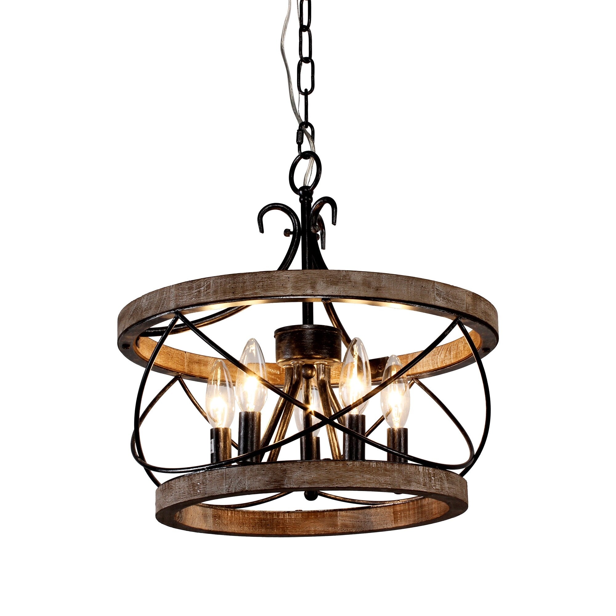 Lustre rustique Bella Depot à 5 lumières en bois avec cage, éclairage à intensité variable, suspension de style ferme réglable de 15,7 pouces pour îlot de cuisine