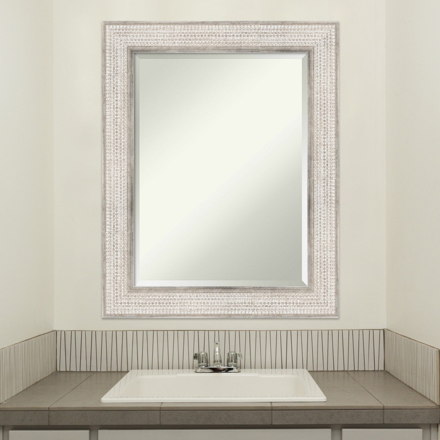 Miroir mural de salle de bain en bois biseauté - Cadre argenté à motif treillis - Argent treillis