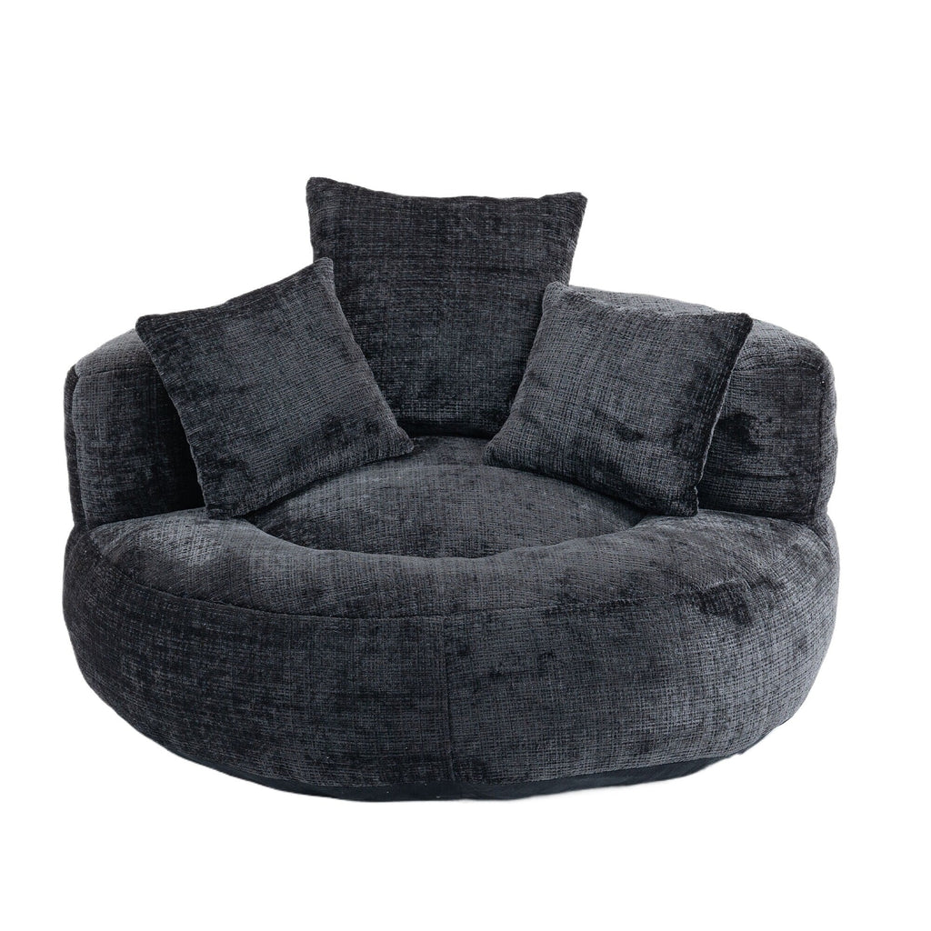 Black Oversized 42.52 Chenille Lazy Bean Bag Single Sofa with Three Pillows for Bedroom