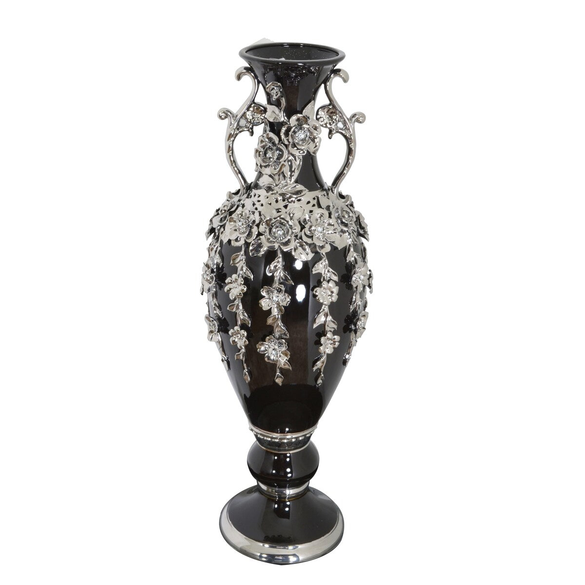 Vase fleuri noir et argent orné de pierres précieuses, 89 cm de haut