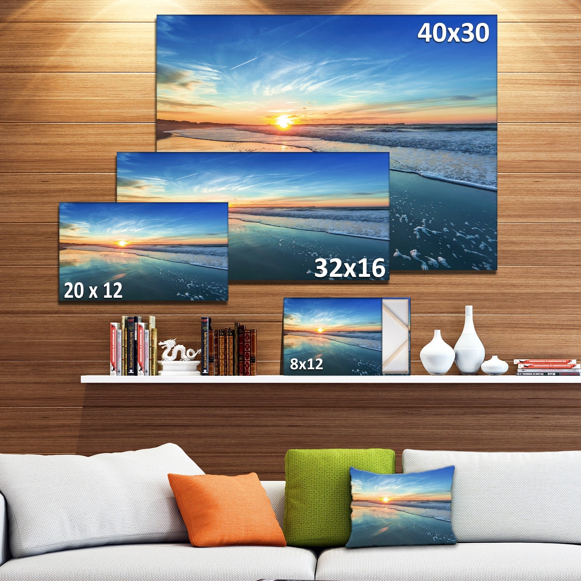 Bord de mer bleu avec coucher de soleil lointain - Tableau sur toile bord de mer