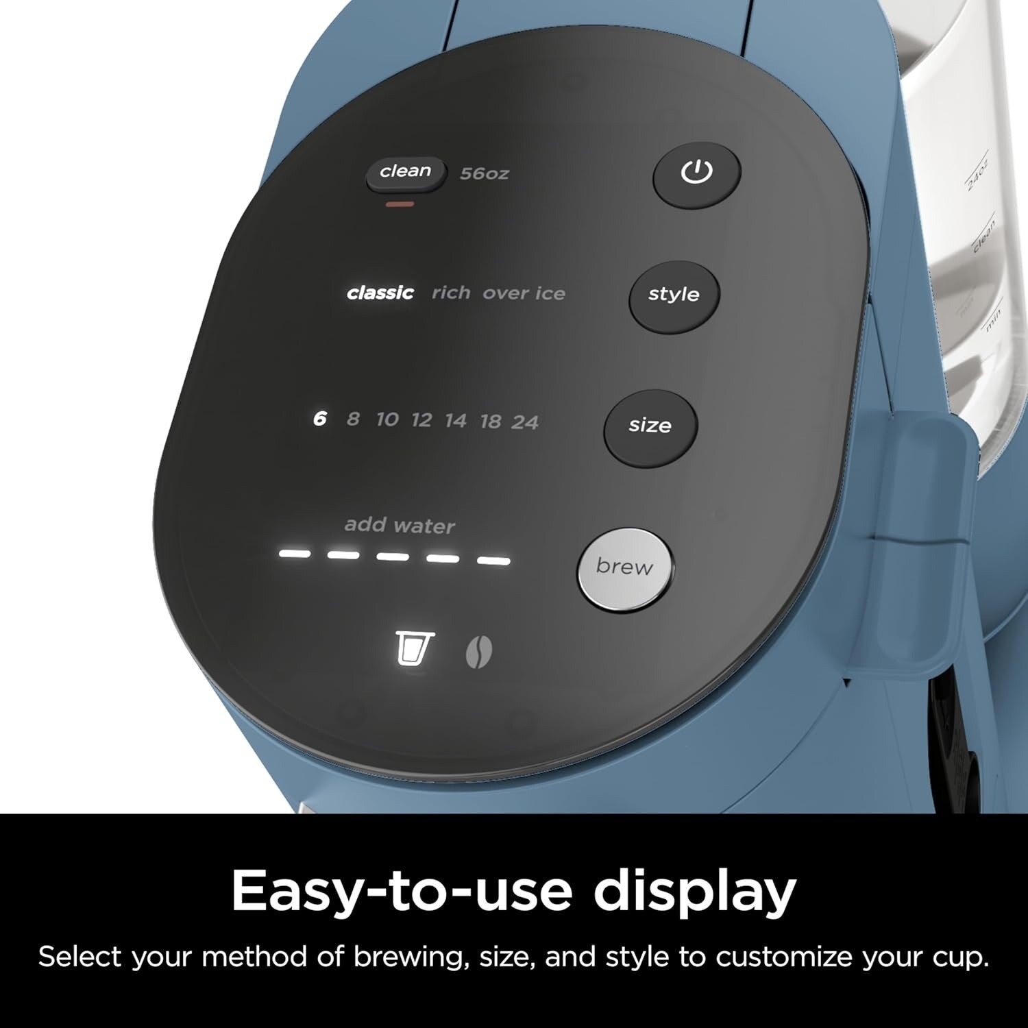 Cafetière individuelle bleue, compatible avec les capsules K-Cup, réservoir de 1,6 L, tailles de préparation de 177 à 710 ml, format compact