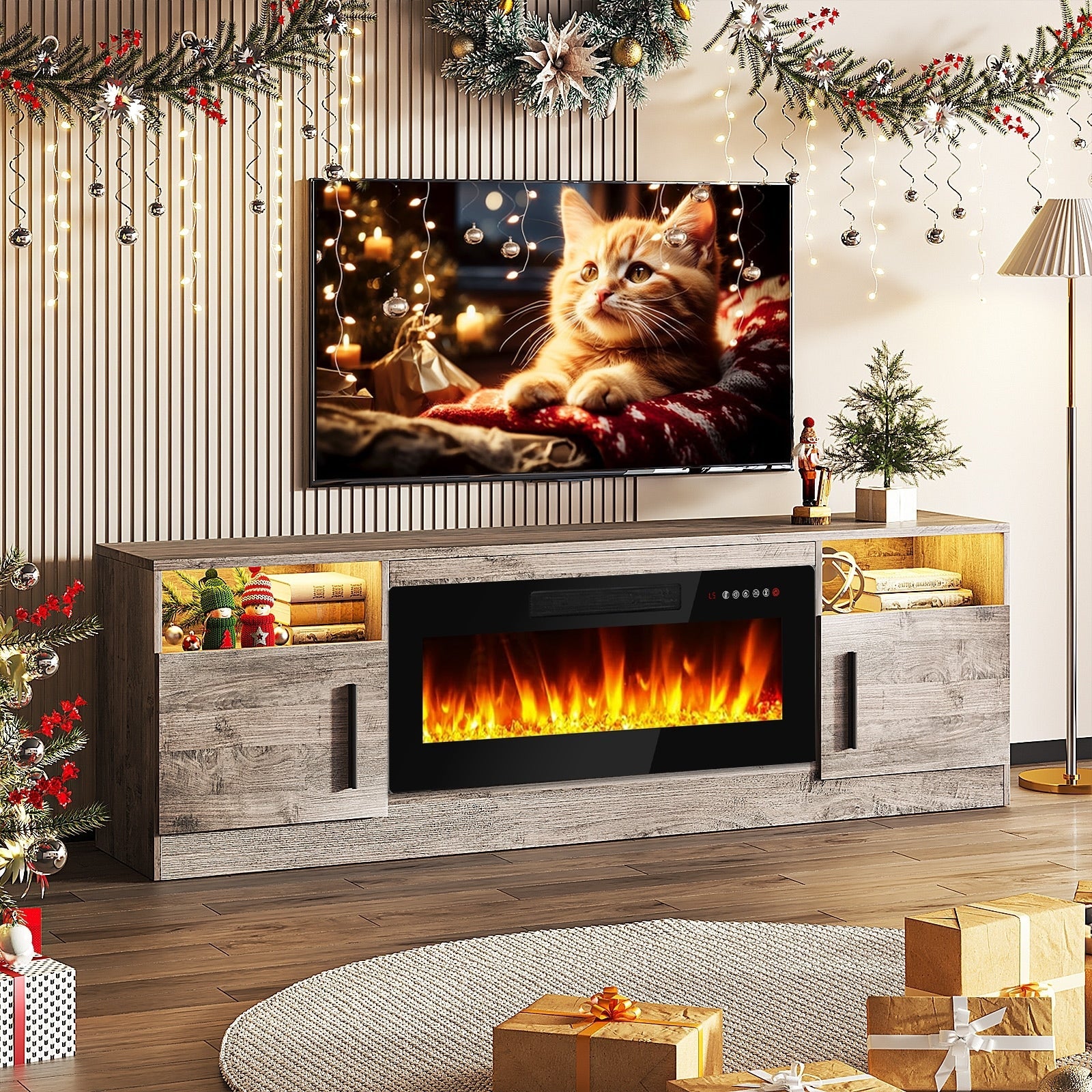 Meuble TV Bossin 70 avec cheminée électrique 36 pouces, compatible avec les téléviseurs jusqu'à 80 pouces, éclairage LED 16 couleurs/centre multimédia