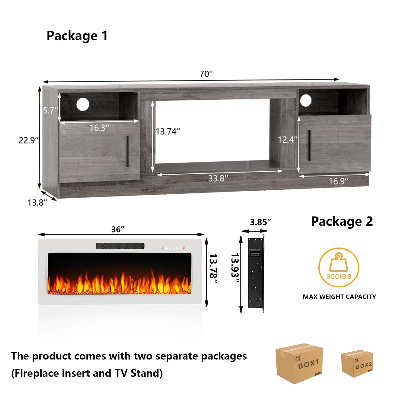 Meuble TV Bossin 70 avec cheminée électrique 36 pouces, compatible avec les téléviseurs jusqu'à 80 pouces, éclairage LED 16 couleurs/centre multimédia