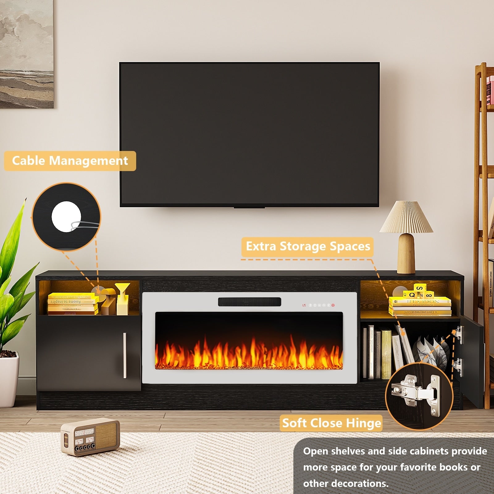 Meuble TV Bossin 70 avec cheminée électrique 36 pouces, compatible avec les téléviseurs jusqu'à 80 pouces, éclairage LED 16 couleurs/centre multimédia