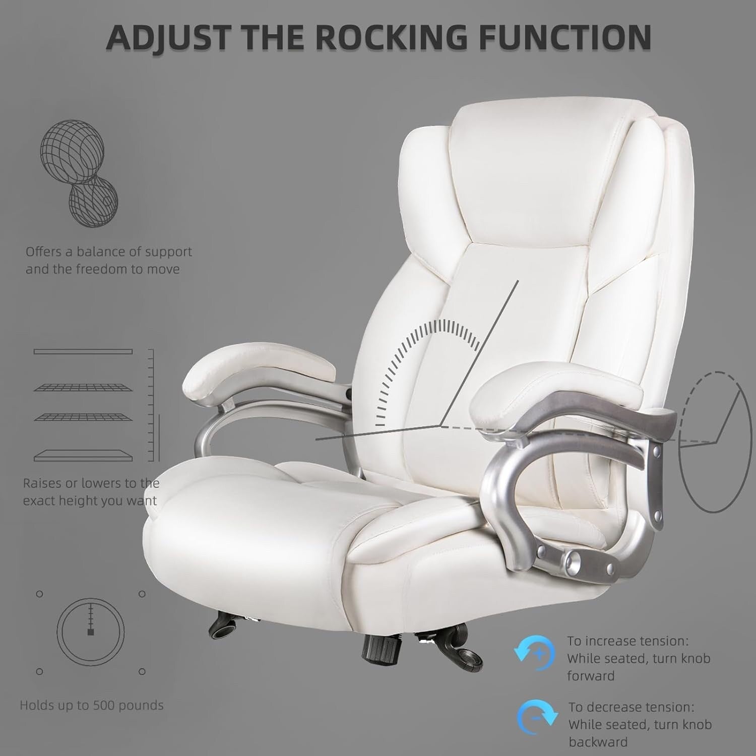 Fauteuil de bureau Bossin pour grandes et moyennes tailles, support lombaire réglable jusqu'à 227 kg, fauteuil ergonomique avec dossier haut en cuir PU pour ordinateur