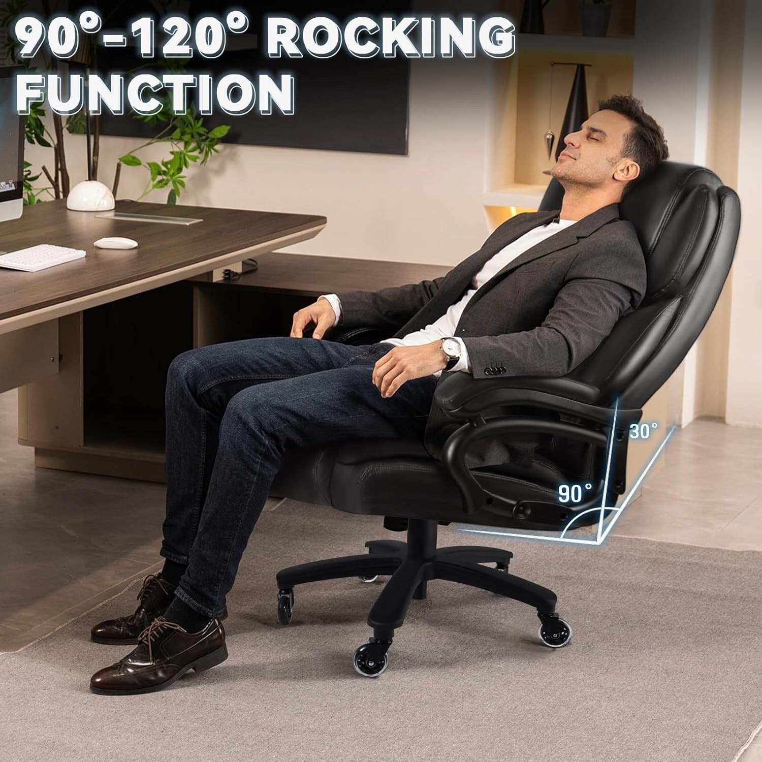 Fauteuil de bureau Bossin pour grandes et moyennes tailles, support lombaire réglable jusqu'à 227 kg, fauteuil ergonomique avec dossier haut en cuir PU pour ordinateur