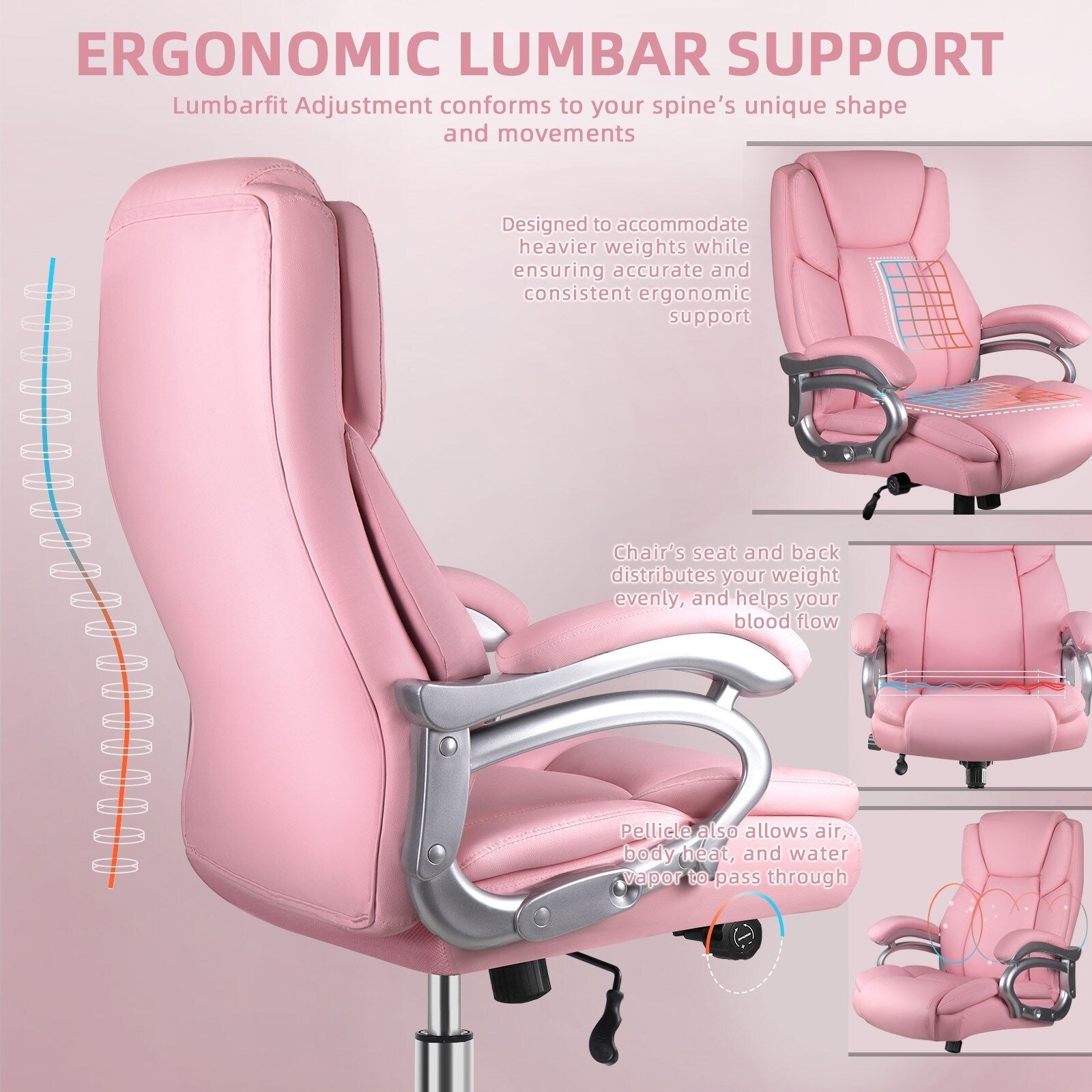 Fauteuil de bureau Bossin pour grandes et moyennes tailles, support lombaire réglable jusqu'à 227 kg, fauteuil ergonomique avec dossier haut en cuir PU pour ordinateur