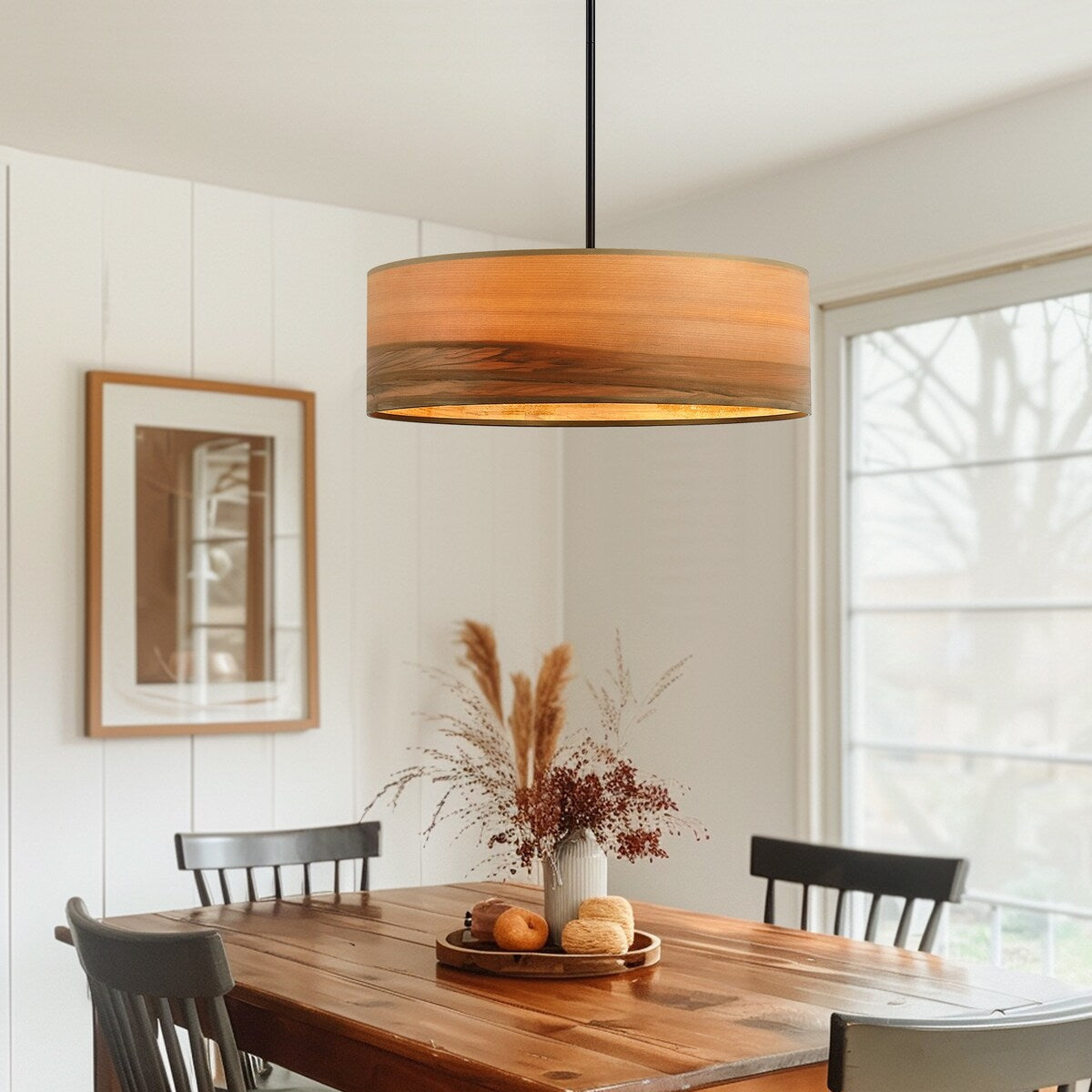 Lustre tambour Breaux à 4 lumières en placage de bois avec rosace noire - 56 cm (22 po) de largeur