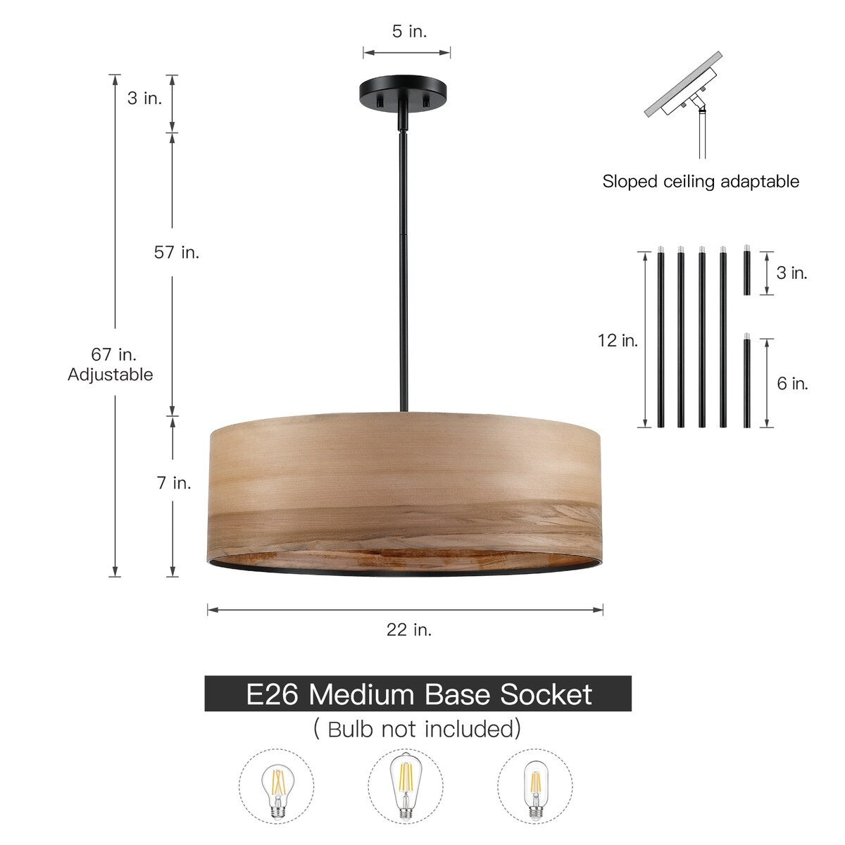 Lustre tambour Breaux à 4 lumières en placage de bois avec rosace noire - 56 cm (22 po) de largeur