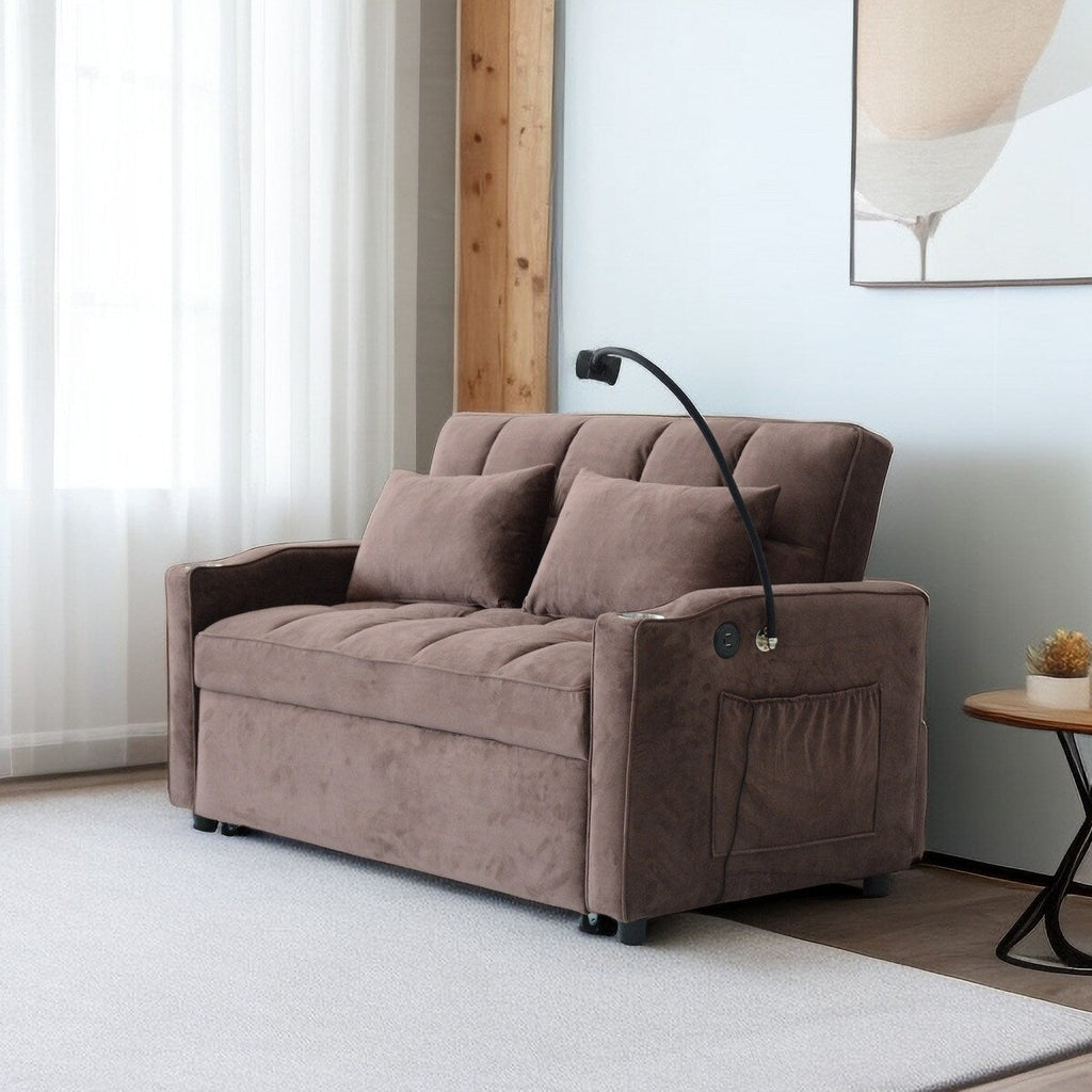 Brown Modern 54.33 Convertible Pullout Loveseat Sofa Bed with Reclining Backrest and Phone Holder