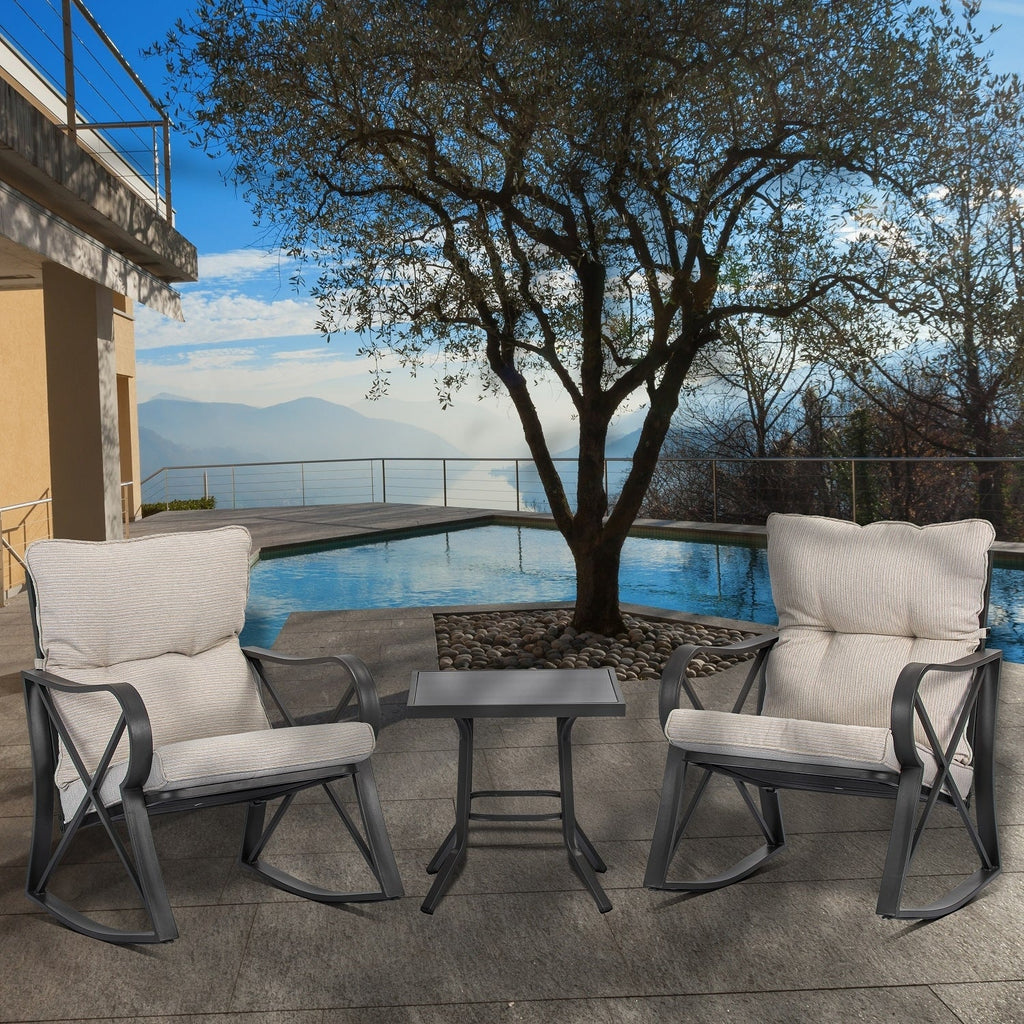 Ensemble de conversation extérieur 3 pièces avec fauteuil à bascule et table d'appoint, le plus confortable qui soit