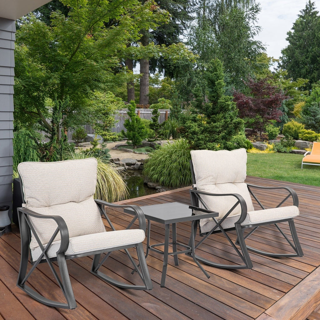 Ensemble de conversation extérieur 3 pièces avec fauteuil à bascule et table d'appoint, le plus confortable qui soit