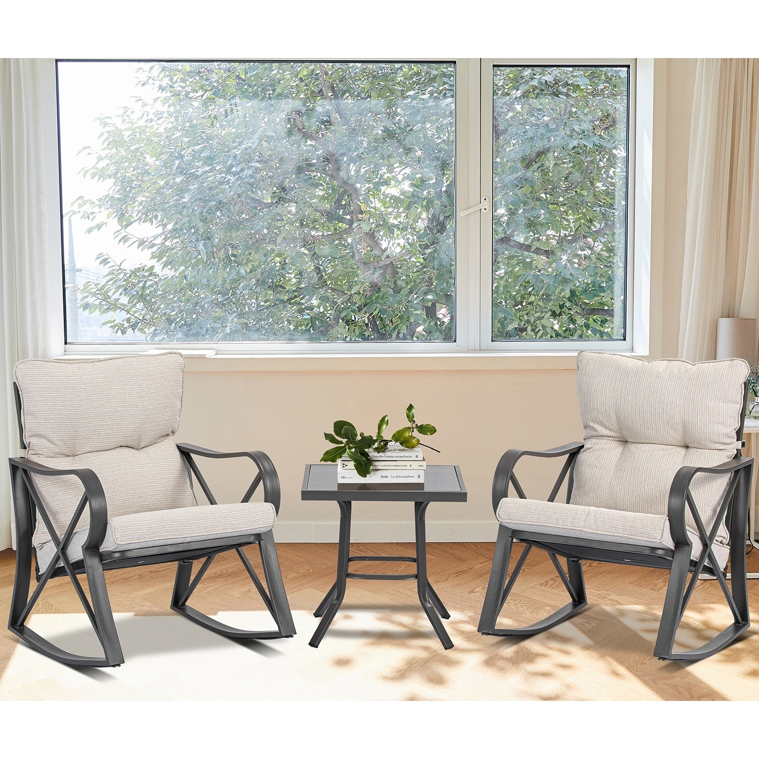 Ensemble de conversation extérieur 3 pièces avec fauteuil à bascule et table d'appoint, le plus confortable qui soit