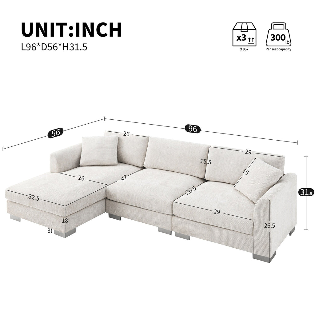 Cloud Sectional Sofa,L-Shaped Luxury Couch Set With 2 Free Pillows,4-Seat Chenille Indoor Furniture With Oversized Chaise