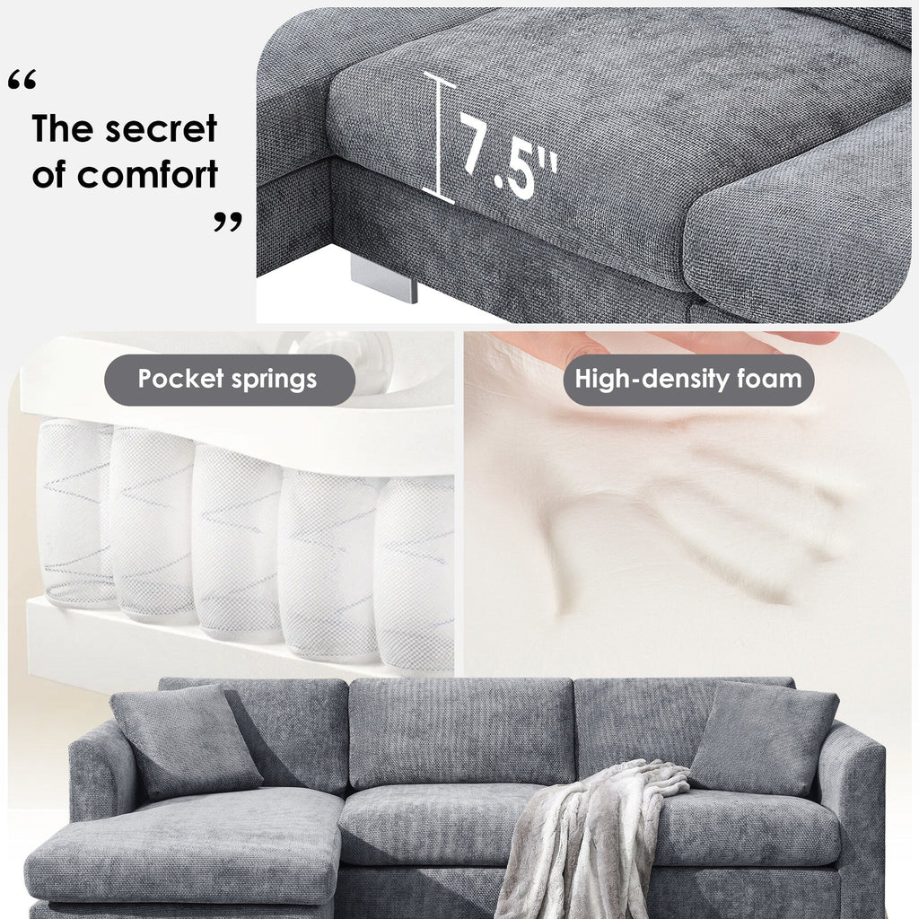 Cloud Sectional Sofa,L-Shaped Luxury Couch Set With 2 Free Pillows,4-Seat Chenille Indoor Furniture With Oversized Chaise