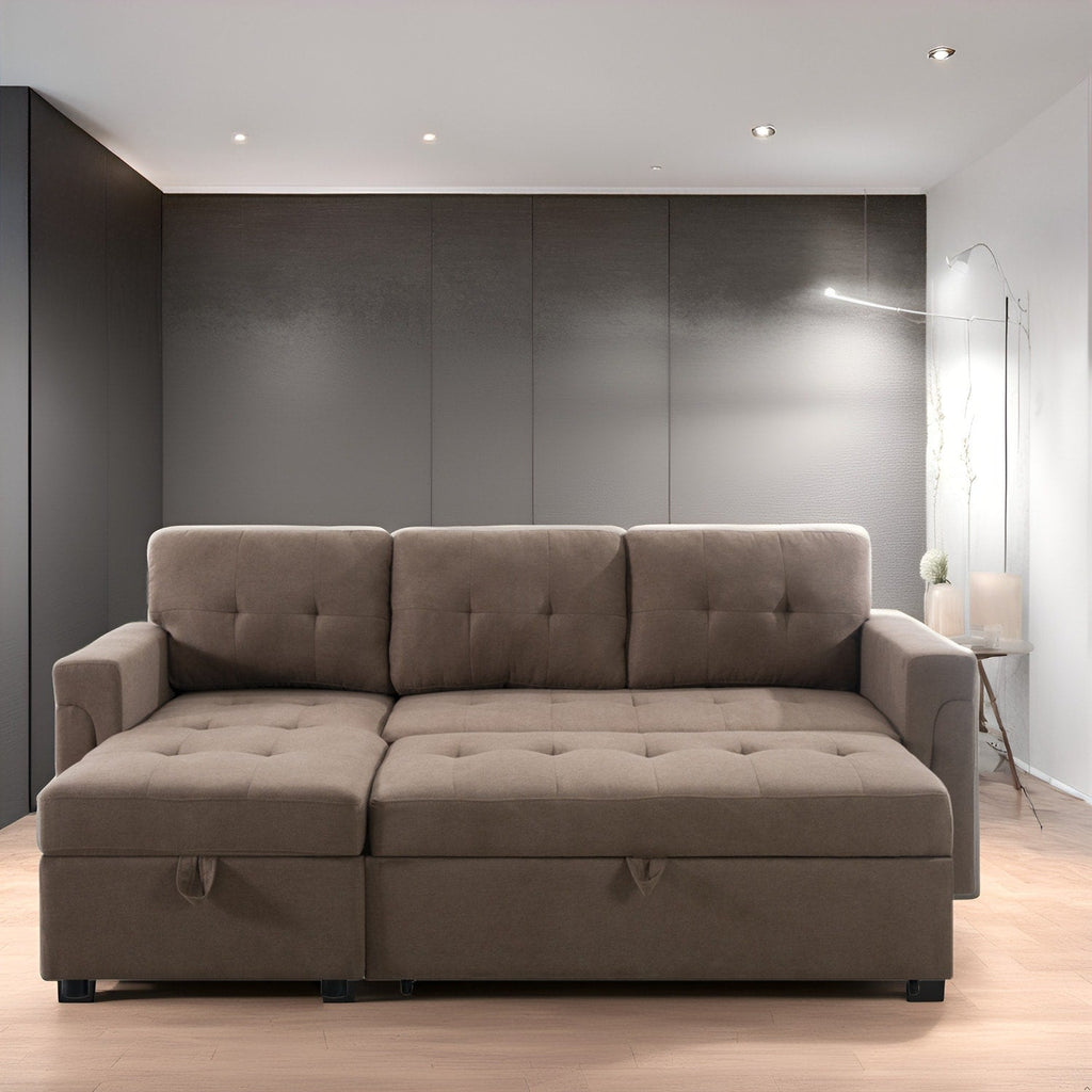 Canapé d'angle convertible et réversible avec lit gigogne, méridienne de rangement dissimulée et pieds robustes.