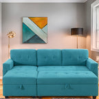 Canapé d'angle convertible et réversible avec lit gigogne, méridienne de rangement dissimulée et pieds robustes.