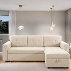 Canapé d'angle convertible et réversible avec lit gigogne, méridienne de rangement dissimulée et pieds robustes.