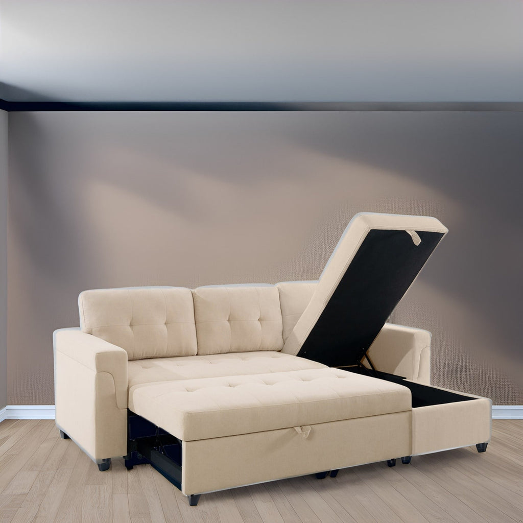 Canapé d'angle convertible et réversible avec lit gigogne, méridienne de rangement dissimulée et pieds robustes.