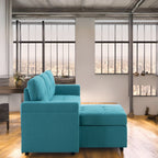 Canapé d'angle convertible et réversible avec lit gigogne, méridienne de rangement dissimulée et pieds robustes.