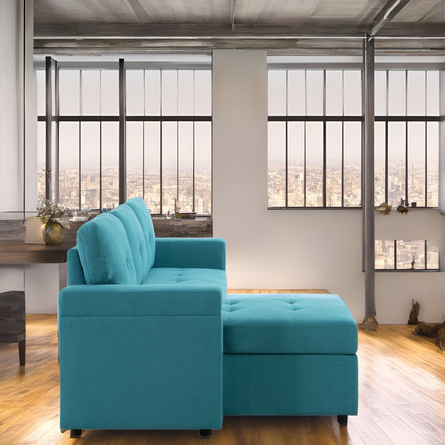 Canapé d'angle convertible et réversible avec lit gigogne, méridienne de rangement dissimulée et pieds robustes.