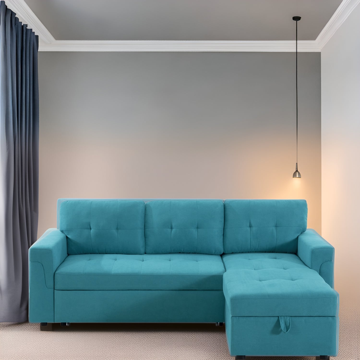 Canapé d'angle convertible et réversible avec lit gigogne, méridienne de rangement dissimulée et pieds robustes.