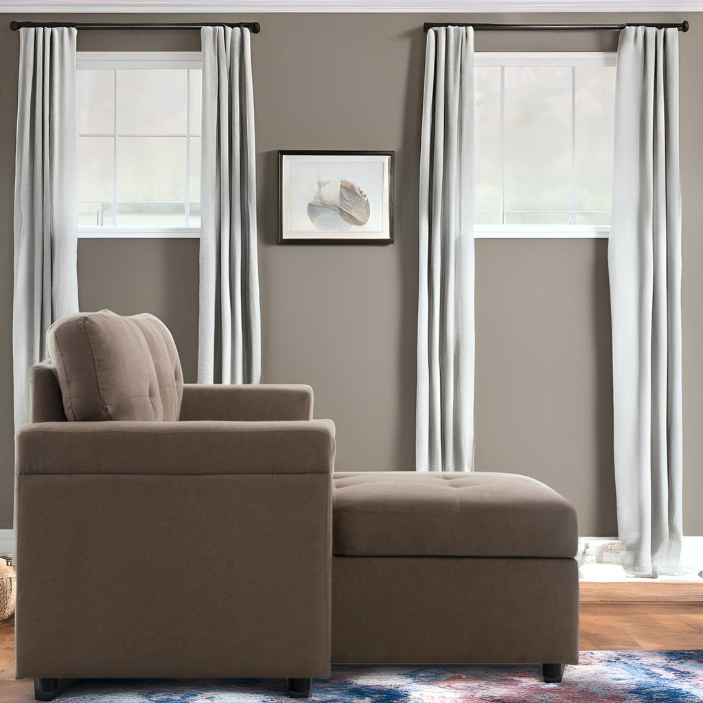 Canapé d'angle convertible et réversible avec lit gigogne, méridienne de rangement dissimulée et pieds robustes.