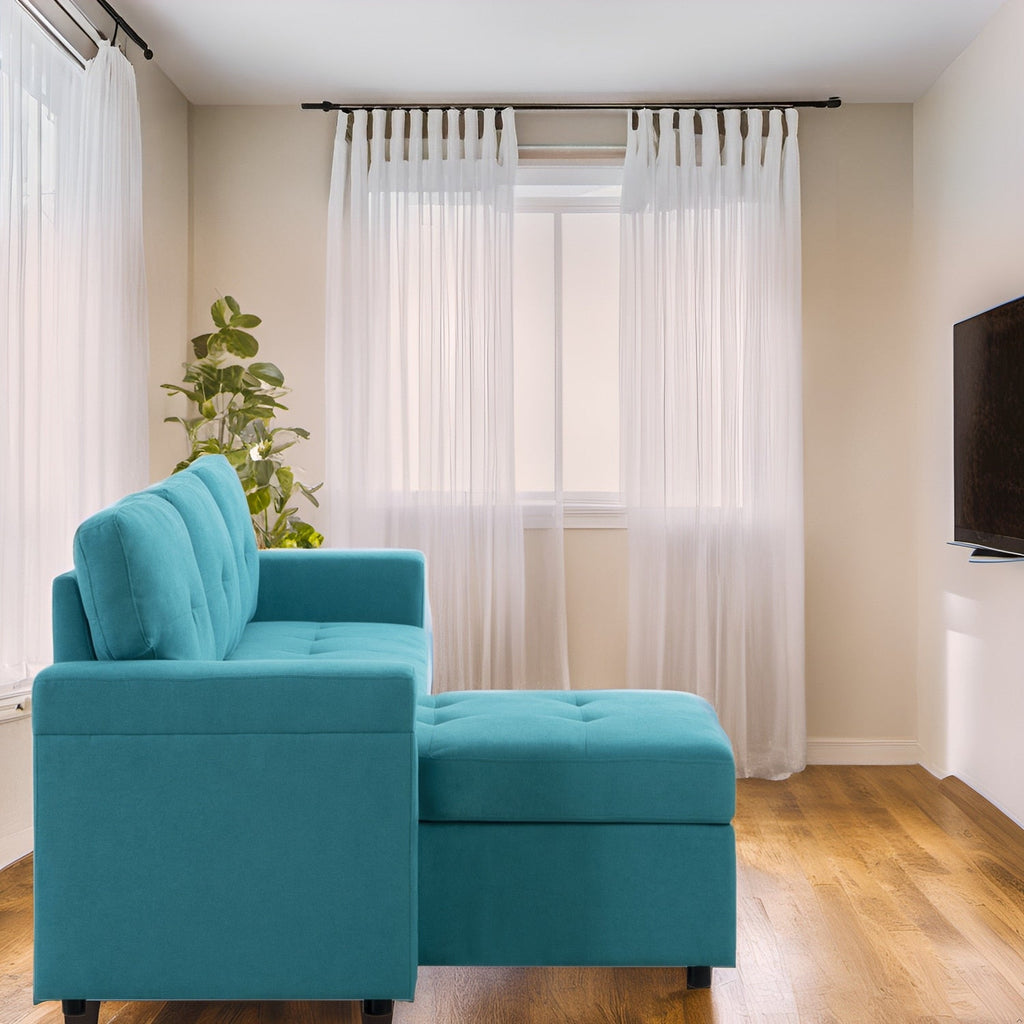 Canapé d'angle convertible et réversible avec lit gigogne, méridienne de rangement dissimulée et pieds robustes.