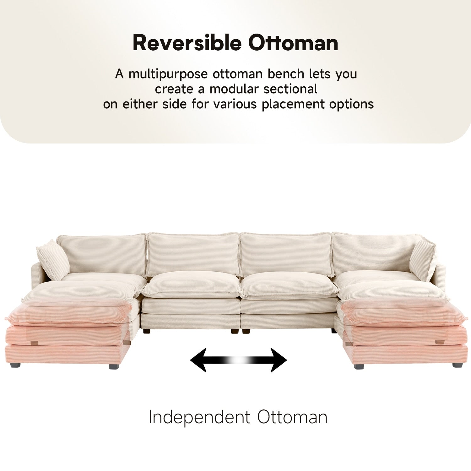 Canapé d'angle en velours côtelé avec poufs amovibles et coussins ultra-doux pour salon et chambre