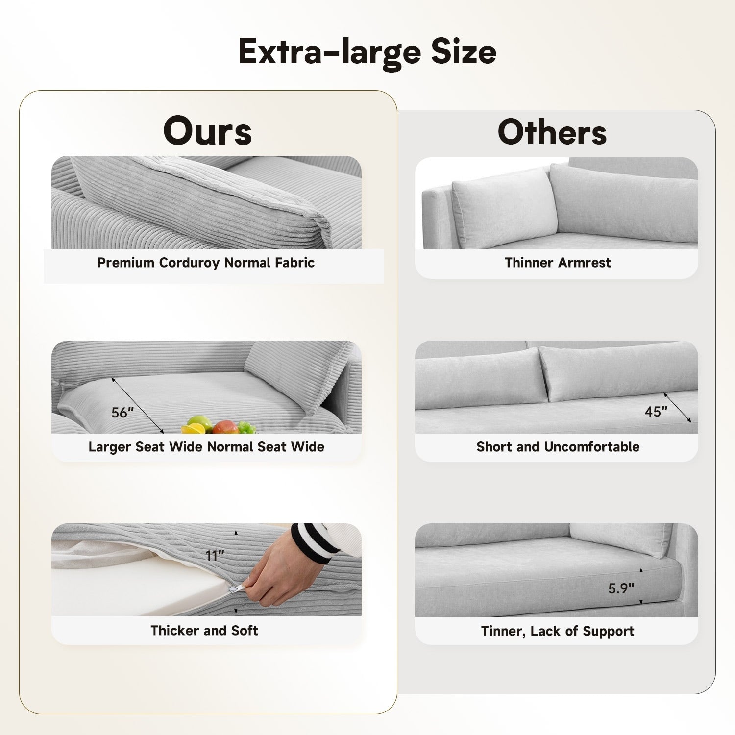 Canapé d'angle en velours côtelé avec poufs amovibles et coussins ultra-doux pour salon et chambre