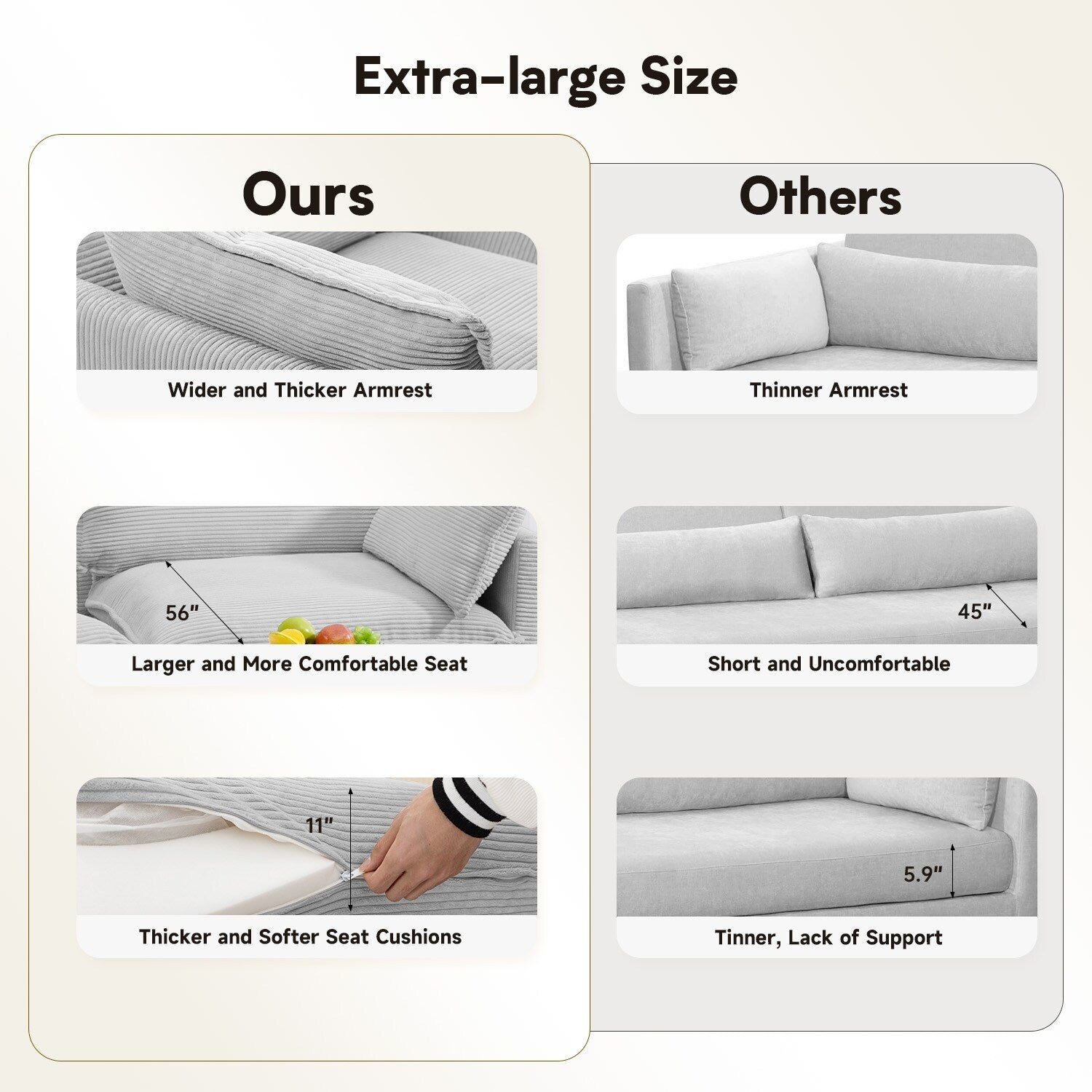 Canapé d'angle en velours côtelé avec poufs amovibles et coussins ultra-doux pour salon et chambre