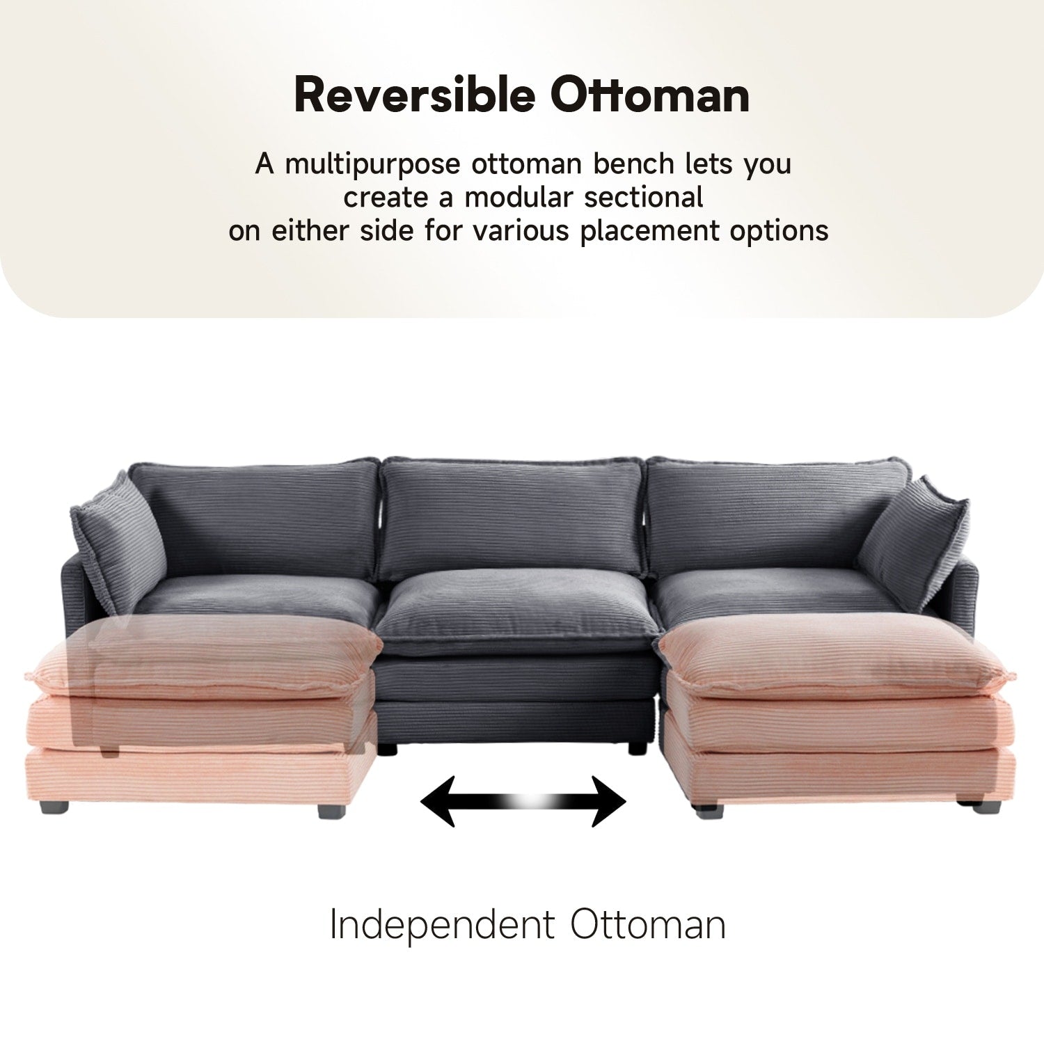 Canapé d'angle en velours côtelé avec poufs amovibles et coussins ultra-doux pour salon et chambre