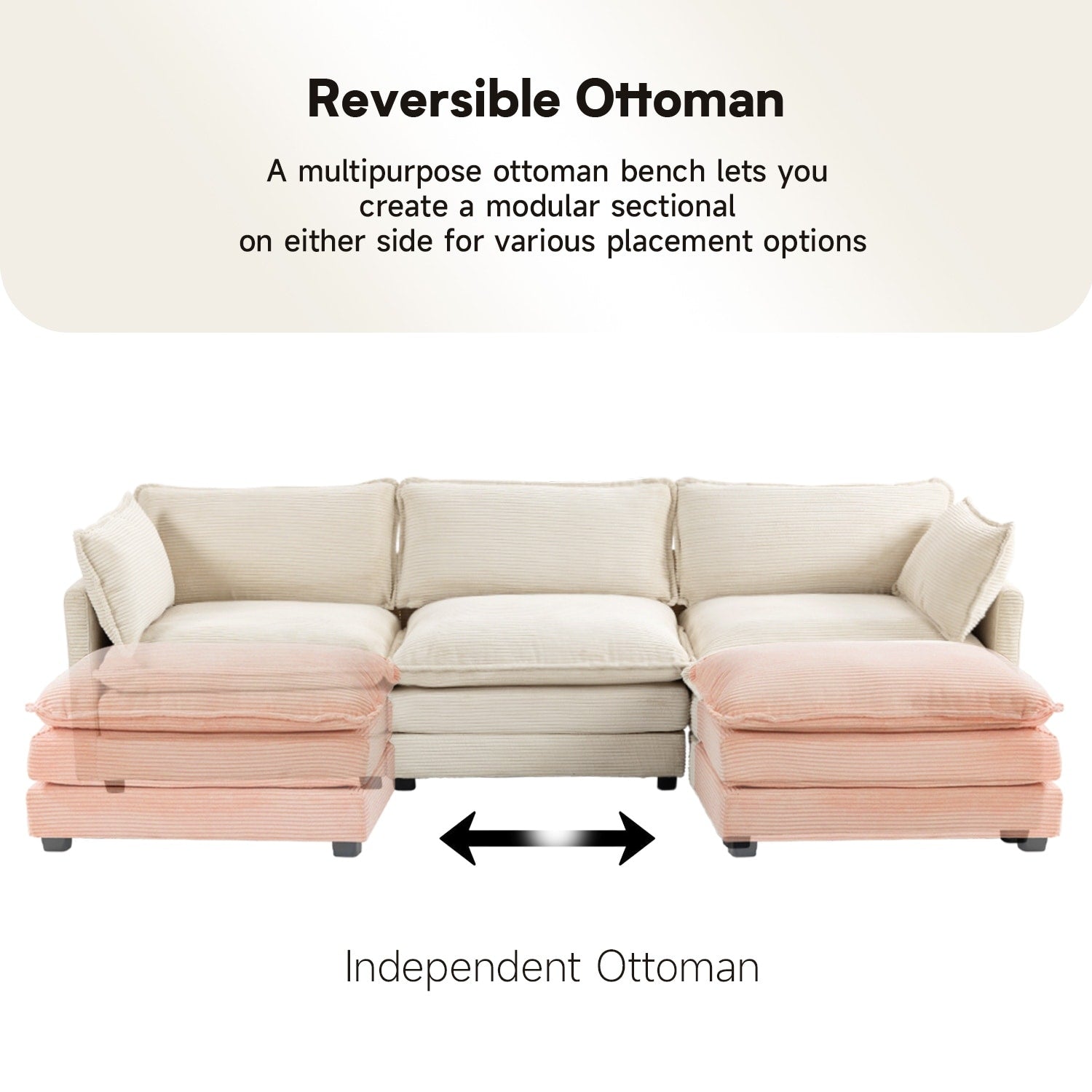 Canapé d'angle en velours côtelé avec poufs amovibles et coussins ultra-doux pour salon et chambre