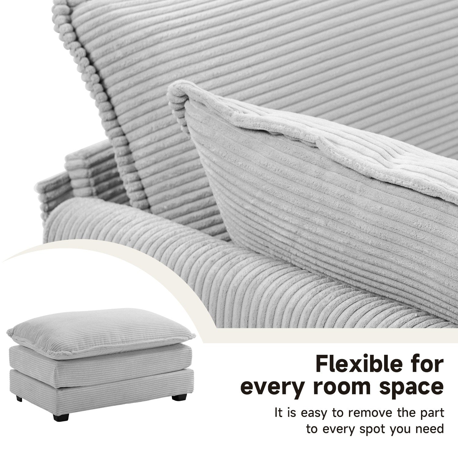 Canapé d'angle en velours côtelé avec poufs amovibles et coussins ultra-doux pour salon et chambre