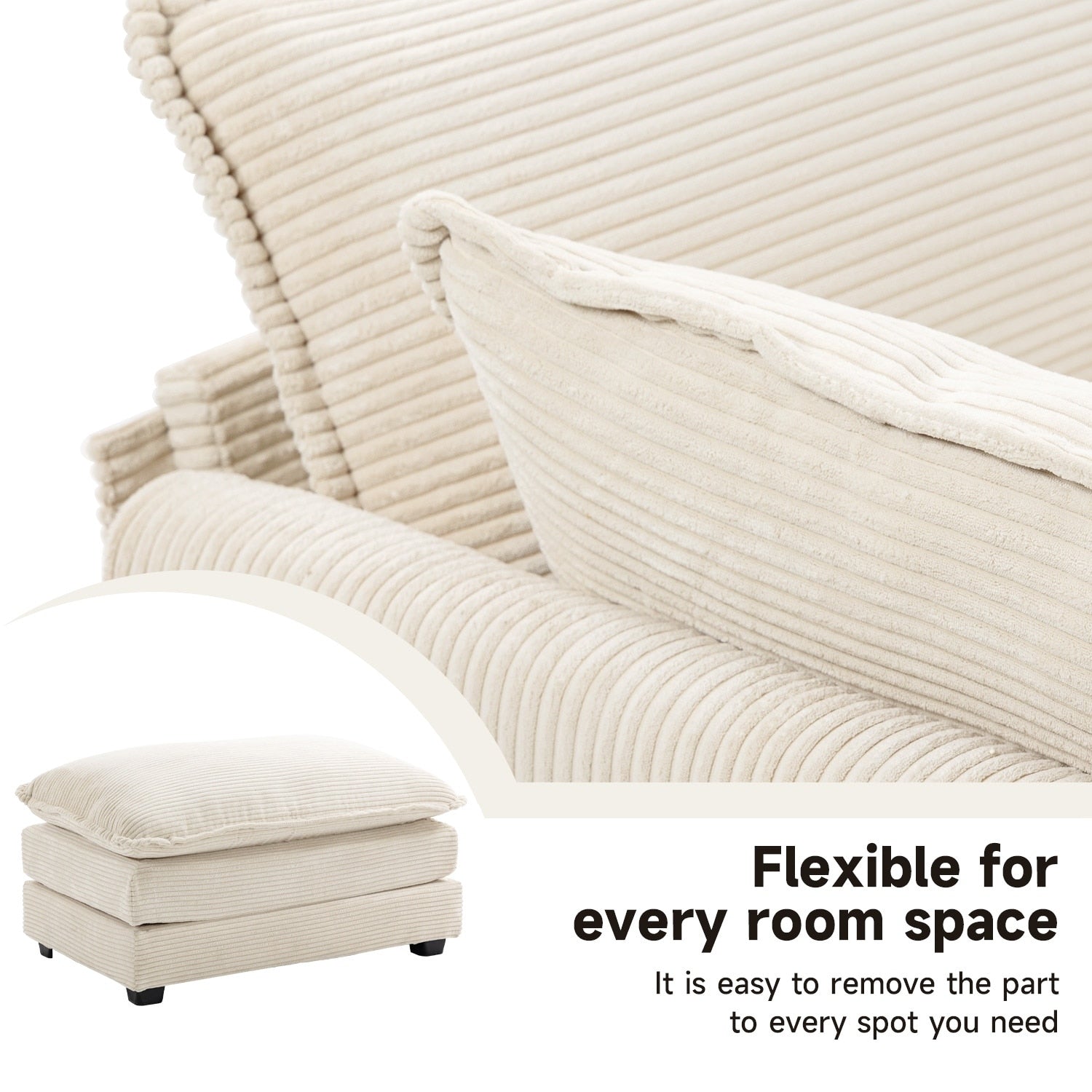 Canapé d'angle en velours côtelé avec poufs amovibles et coussins ultra-doux pour salon et chambre