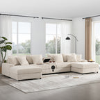 Corduroy Sectional Sofa with Bluetooth Speakers, USB Charger, Cup Holders, Storage, Ottoman, Deep and Wide Seat
