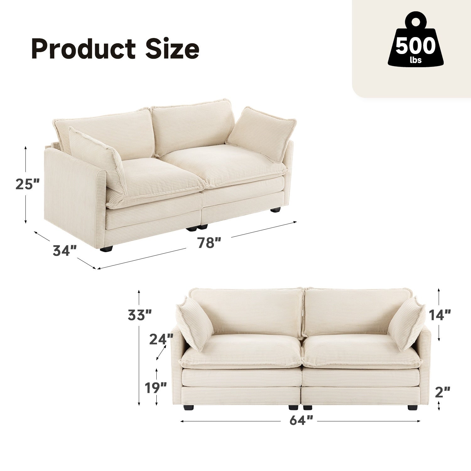 Canapé d'angle en velours côtelé avec poufs amovibles et coussins ultra-doux pour salon et chambre